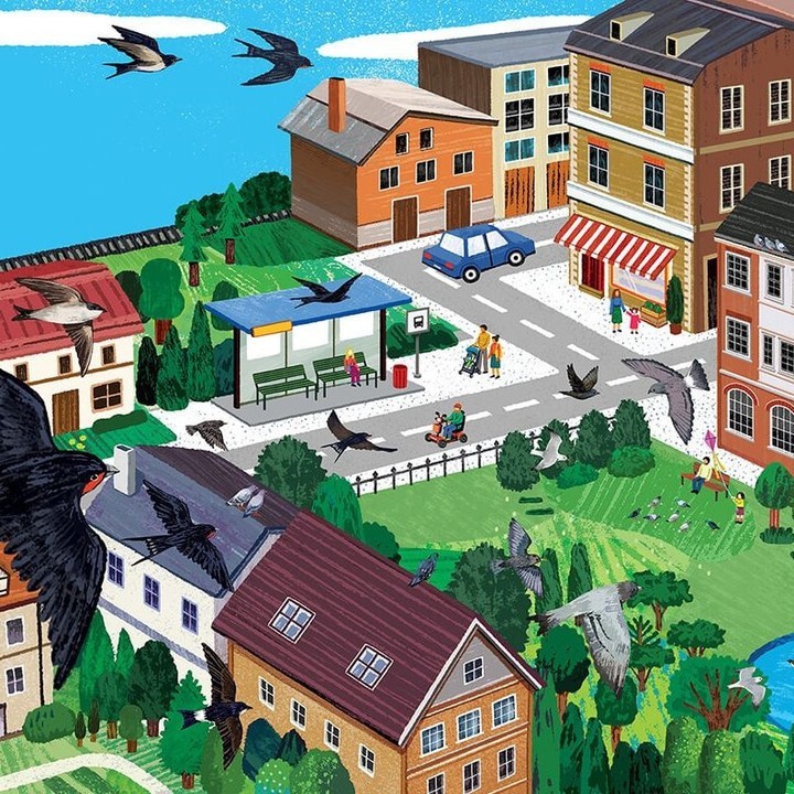 Illustration of a colorful town square featuring buildings, streets with pedestrians and cars, green spaces, birds in flight, and a pond.