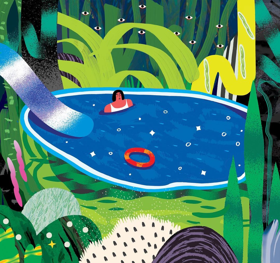 Illustration of a woman swimming in a blue pool with a slide and inner tube, surrounded by green plants and a dark sky.
