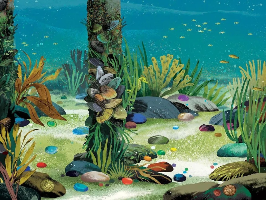 Illustration of underwater scene with rocks, plants, and a small group of fish swimming in the distance in the background.