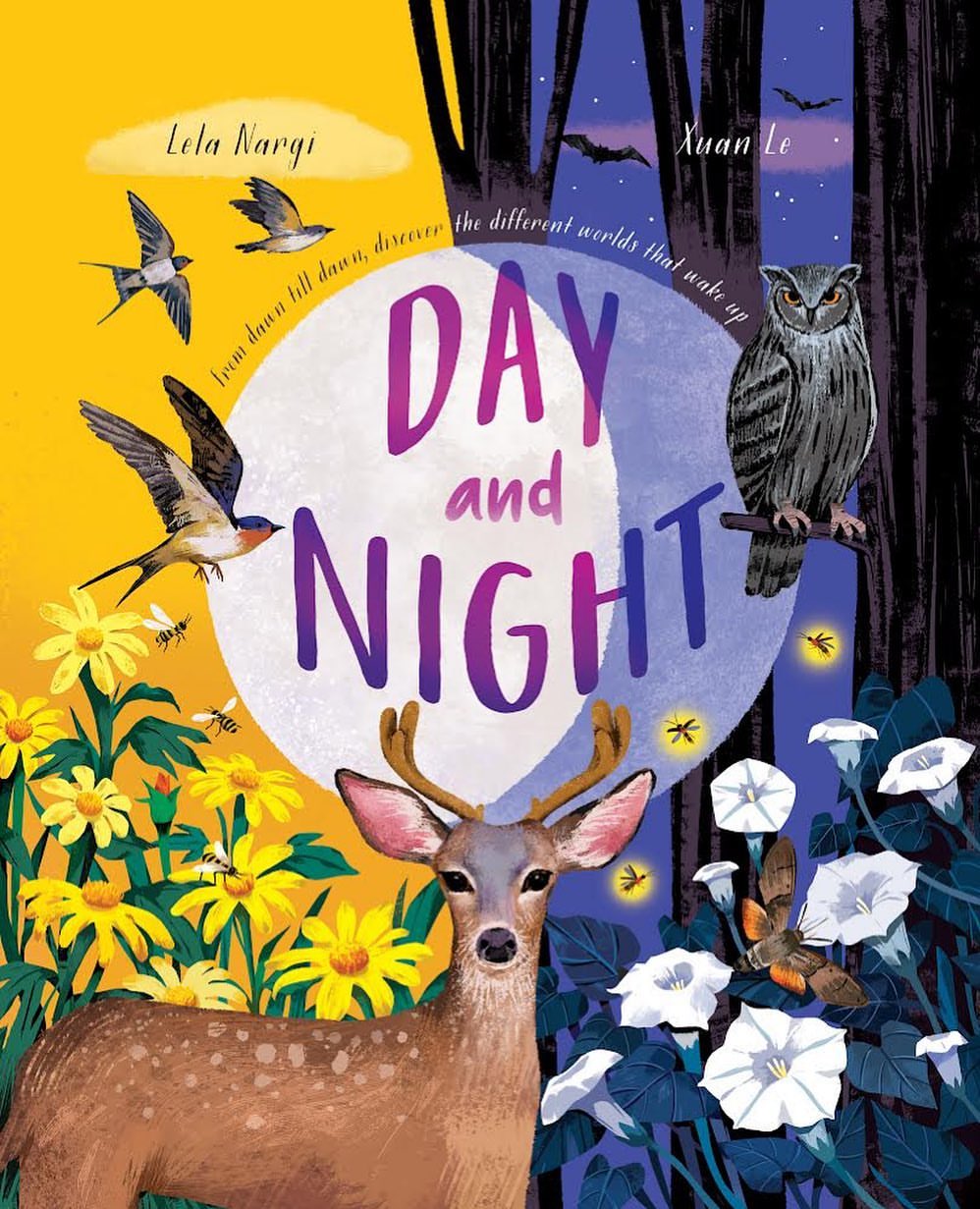 Illustration showcasing daytime and nighttime scenes with animals and flowers. A deer, owl, birds, and fireflies are visible with "Day and Night" text.
