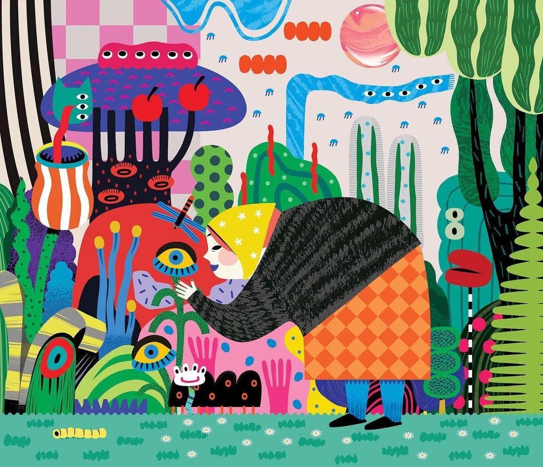 Whimsical illustration of an elderly woman gardening in a colorful, surreal landscape with stylized plants, insects, and vibrant colors.