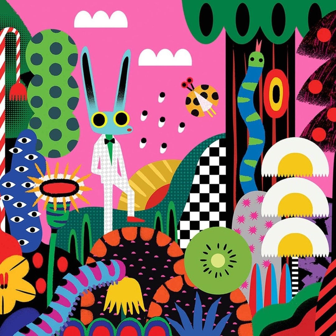 Whimsical illustration of a blue hare in a white suit amid flowers, kiwi, and a candy cane against a pink backdrop.
