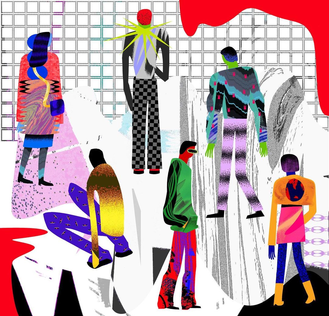 Illustration of diverse figures with abstract designs and vibrant colors against a grid background. Fashion, style, and creativity concept.