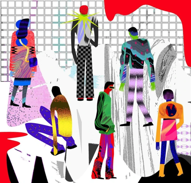 Illustration of diverse figures with abstract designs and vibrant colors against a grid background. Fashion, style, and creativity concept.