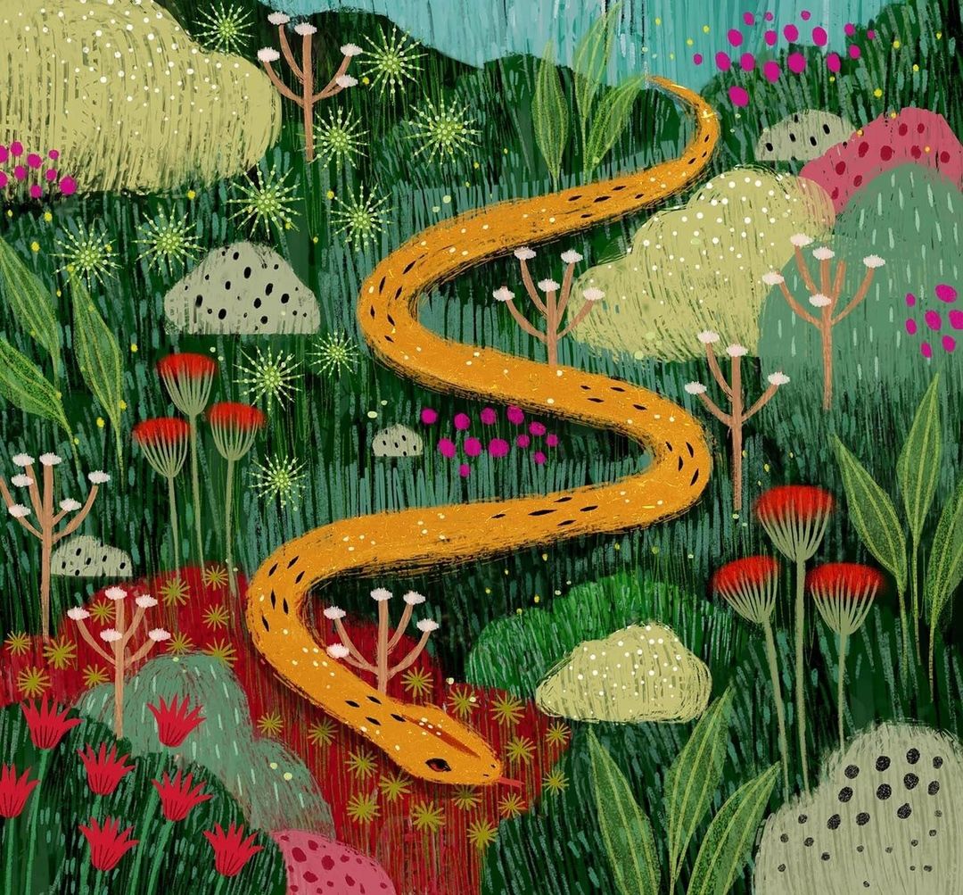Illustration of a winding orange snake slithering through a colourful, grassy, stylized landscape with bushes and a blue mountain in the background.
