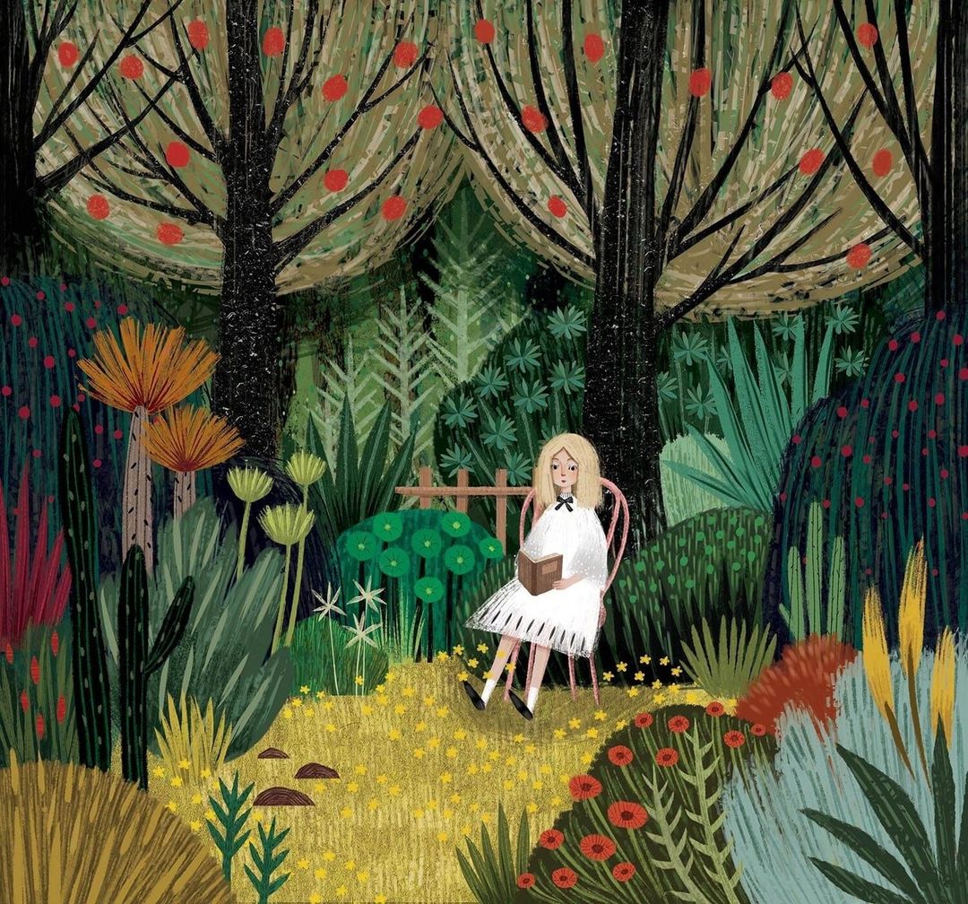 Illustration of a girl reading a book in a garden surrounded by trees and flowers. The scene is rendered in a painterly style.