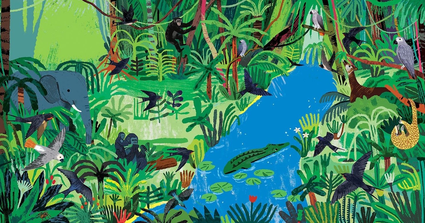 Vibrant illustration of a lush jungle scene with diverse animals including an elephant, monkeys, birds, a crocodile, and a sloth.