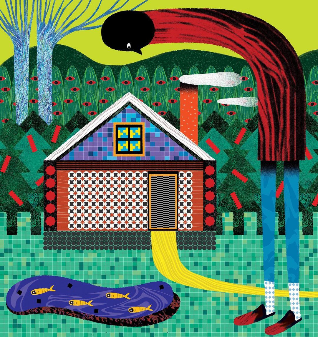 Illustration of a surreal scene with a tall figure, patterned house, pond with fish, and trees in a stylized, colorful outdoor setting.