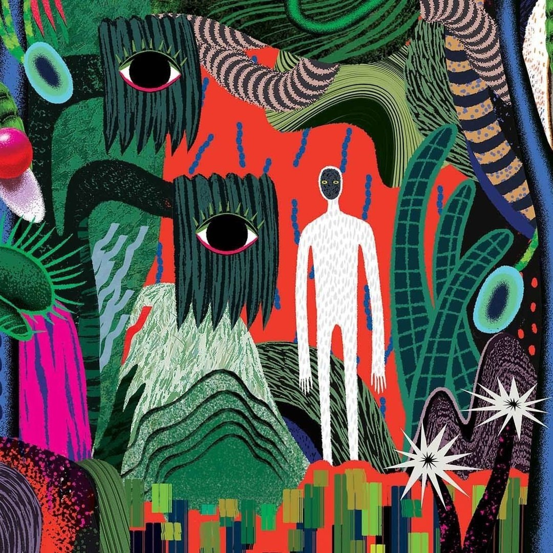 Surreal art illustration of a tall, white, humanoid figure surrounded by abstract plants and creatures in a vibrant color scheme.