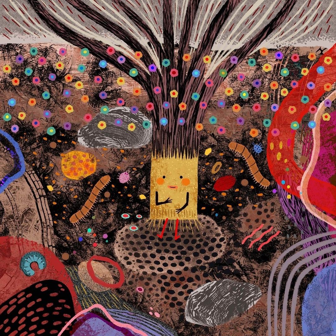 Whimsical illustration of an anthropomorphic plant-like figure with a smiling face, surrounded by colorful dots, worms, and abstract shapes.