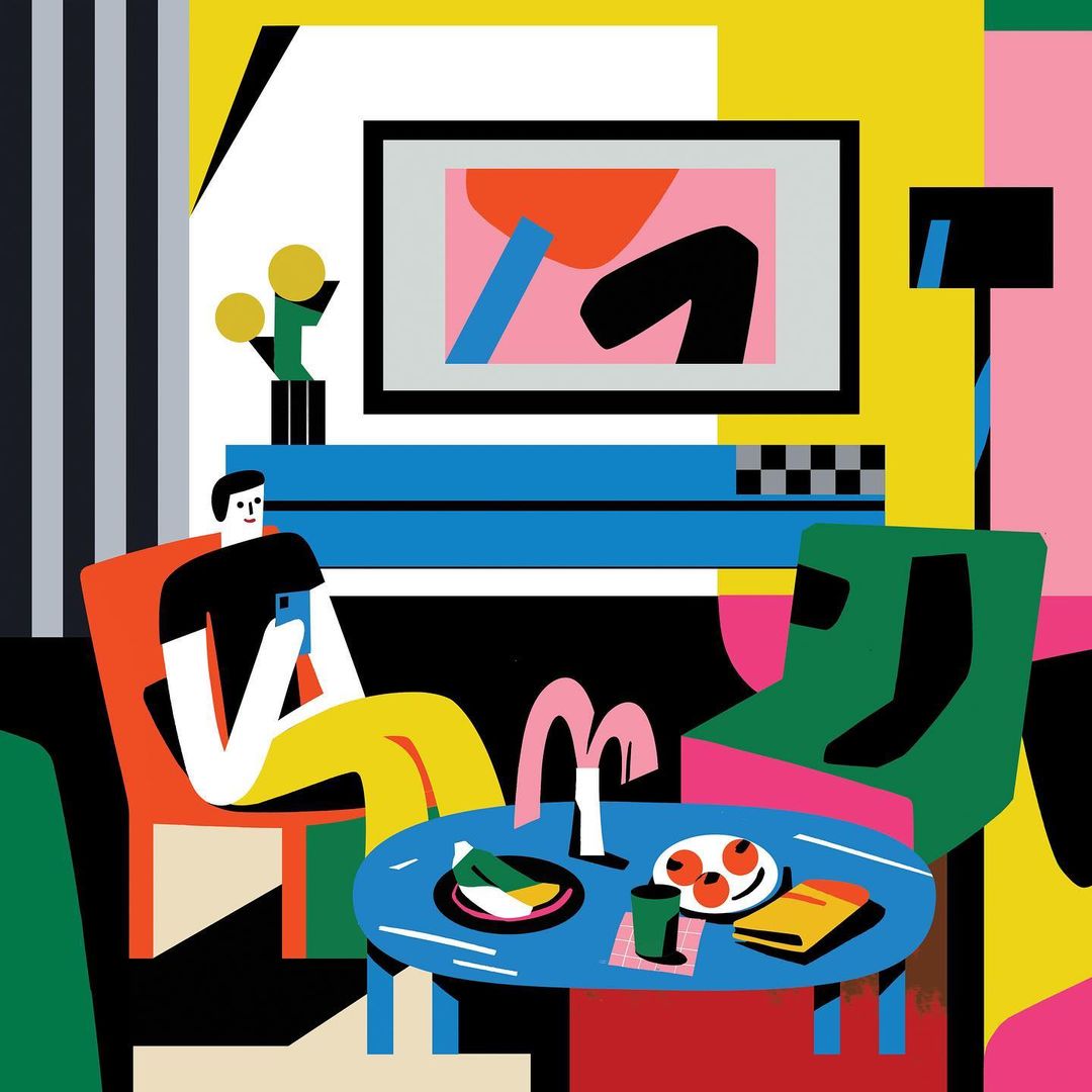 Illustration of a person sitting in an orange chair holding a phone, with a table and art in a brightly coloured indoor setting.
