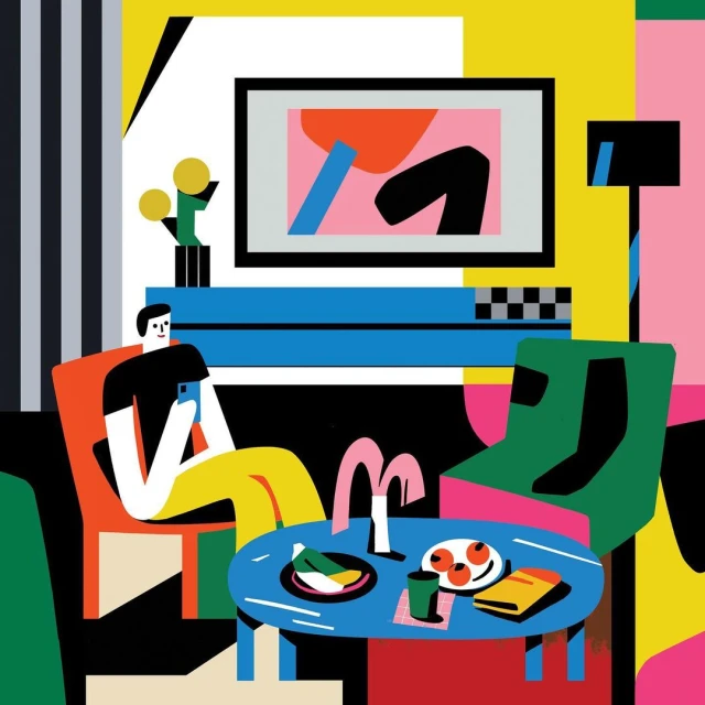 Illustration of a person sitting in an orange chair holding a phone, with a table and art in a brightly coloured indoor setting.