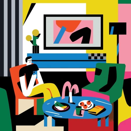 Illustration of a person sitting in an orange chair holding a phone, with a table and art in a brightly coloured indoor setting.