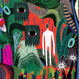 Surreal digital illustration by Xuan Le featuring a white humanoid figure standing in a vibrant jungle with stylized eyes and striped plants.