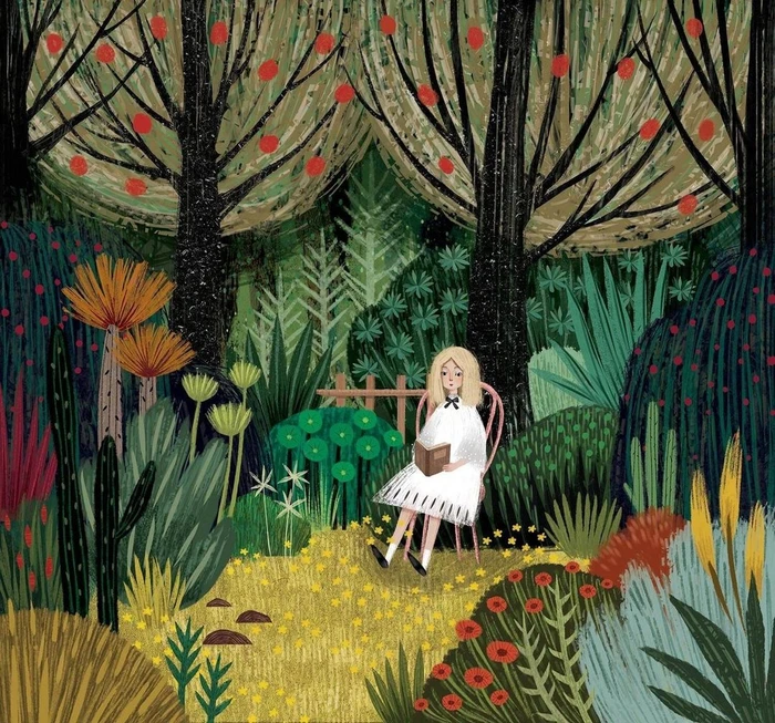 Illustration of a blonde girl in a white dress sitting on a chair reading a book in an enchanted forest by Xuan Le