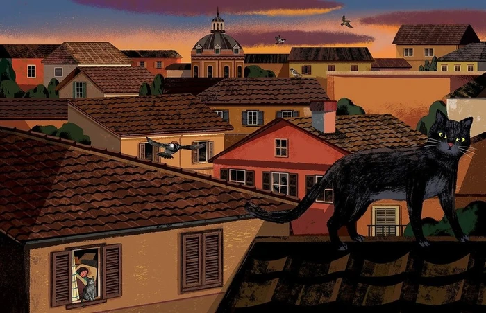 Digital illustration of a black cat standing on a tiled rooftop at sunset overlooking a European city by Xuan Le
