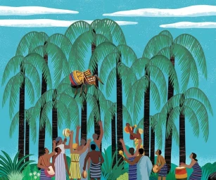Digital illustration of a group of people playing drums and holding instruments beneath palm trees under a bright blue sky.