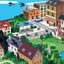An illustrated aerial city scene by Xuan Le featuring buildings, trees, flying birds, streets, and small figures.
