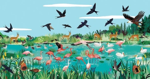 Illustrated wetland landscape filled with pink flamingos, wading birds, soaring swallows, and antelopes near a bright blue river.