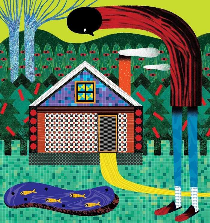 Digital illustration by Xuan Le of a giant red figure bending over a patterned house with a fish pond and trees in the background