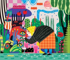 Colorful digital illustration by Xuan Le featuring a person in a patterned skirt tending to stylized plants with eyes in a surreal garden.
