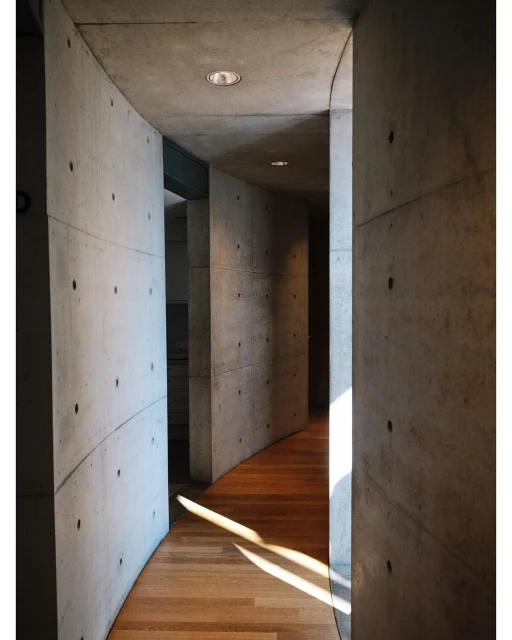 Minimalist interior featuring a curved concrete wall hallway with a light wood floor and natural light filtering through the corridor.