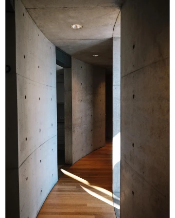 Minimalist interior featuring a curved concrete wall hallway with a light wood floor and natural light filtering through the corridor.