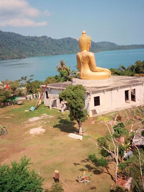 Golden Buddha statue overlooking tropical landscape with ocean views in a scenic outdoor environment on a sunny day.