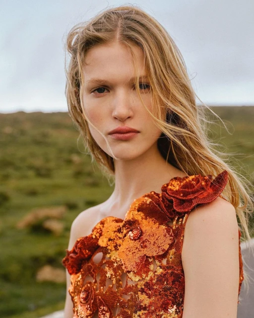 Blonde woman poses outdoors in an orange, floral-embellished dress against a blurred green and cloudy sky backdrop in a medium shot.