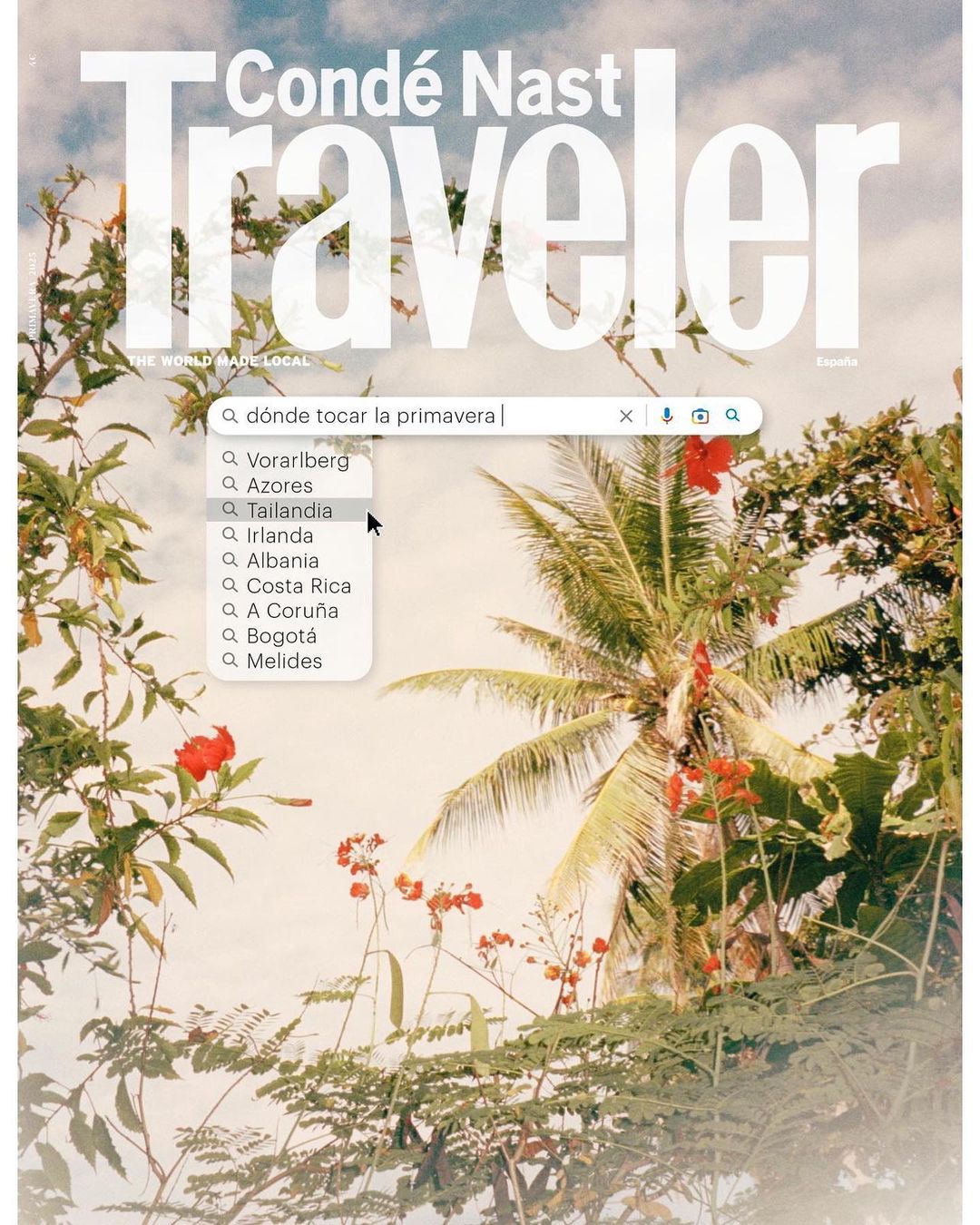 Condé Nast Traveler cover featuring a digital search bar overlaying a tropical plant scene with flowers, a palm tree, and sky.