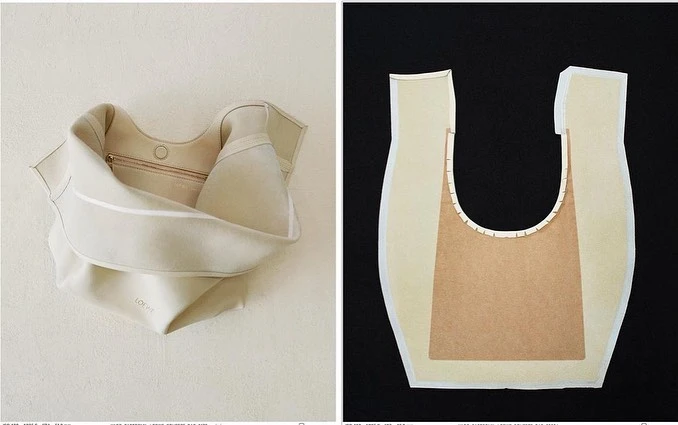 Beige leather tote bag and a paper pattern are displayed. The tote bag is visible on the left and the pattern is on the right.