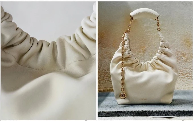 Ivory Loewe Squeeze bag in soft nappa leather with chain detail, shown in a two-part studio product shot. Fashion product photography.