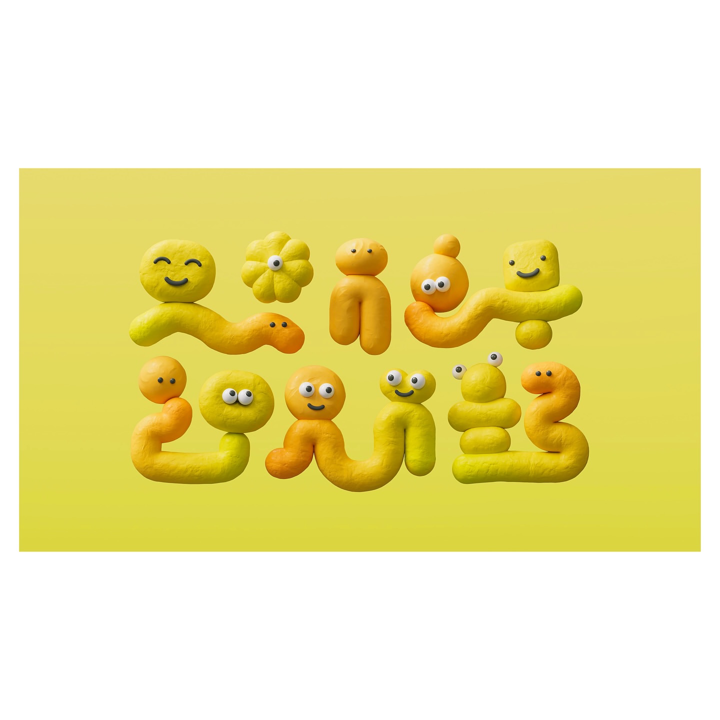 Whimsical claymation figures with smiley faces and abstract shapes are displayed against a bright yellow background in a studio setting.