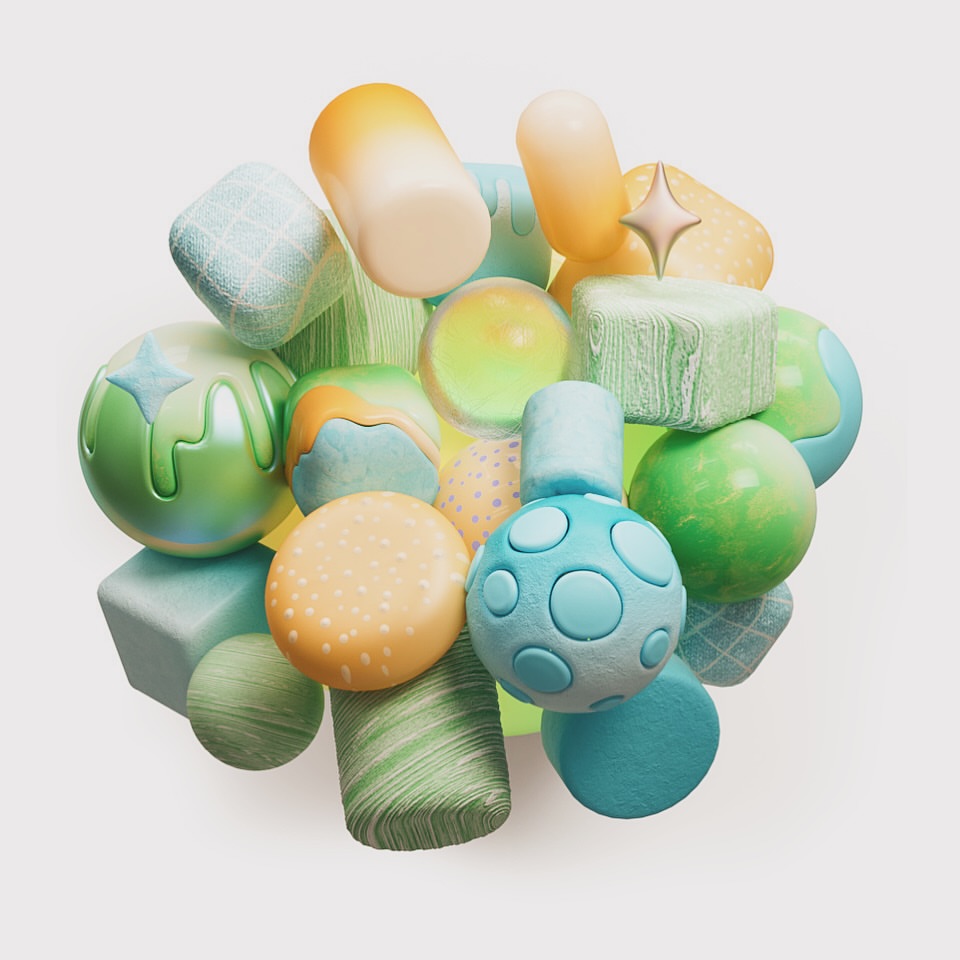 Abstract 3D render of various geometric shapes, including spheres, cubes, cylinders and rounded blocks in a playful color palette.