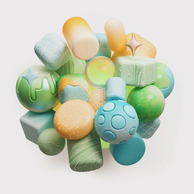 Abstract 3D render of various geometric shapes, including spheres, cubes, cylinders and rounded blocks in a playful color palette.