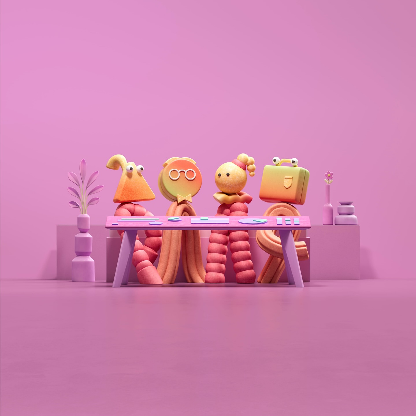 Whimsical claymation figures around a table with briefcases, set against a monochromatic lavender background in a studio setup.