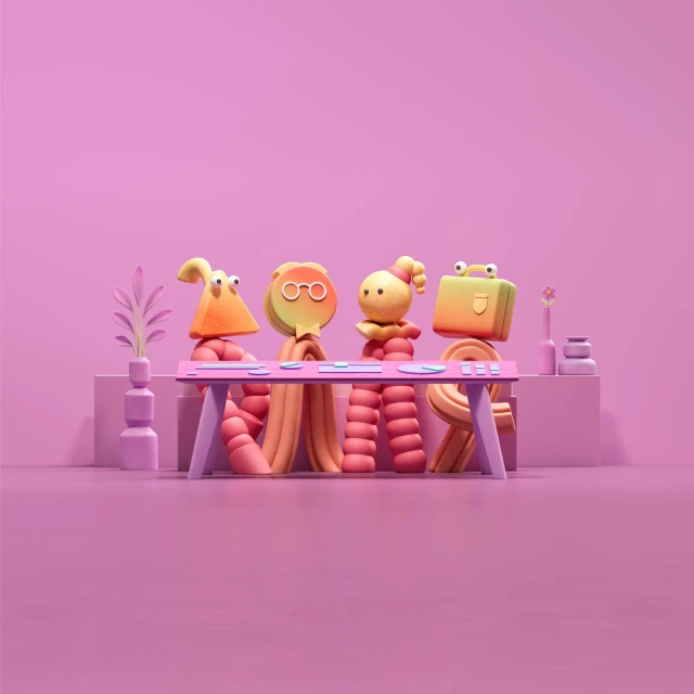 Whimsical claymation figures around a table with briefcases, set against a monochromatic lavender background in a studio setup.