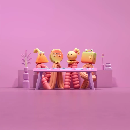 Whimsical claymation figures around a table with briefcases, set against a monochromatic lavender background in a studio setup.