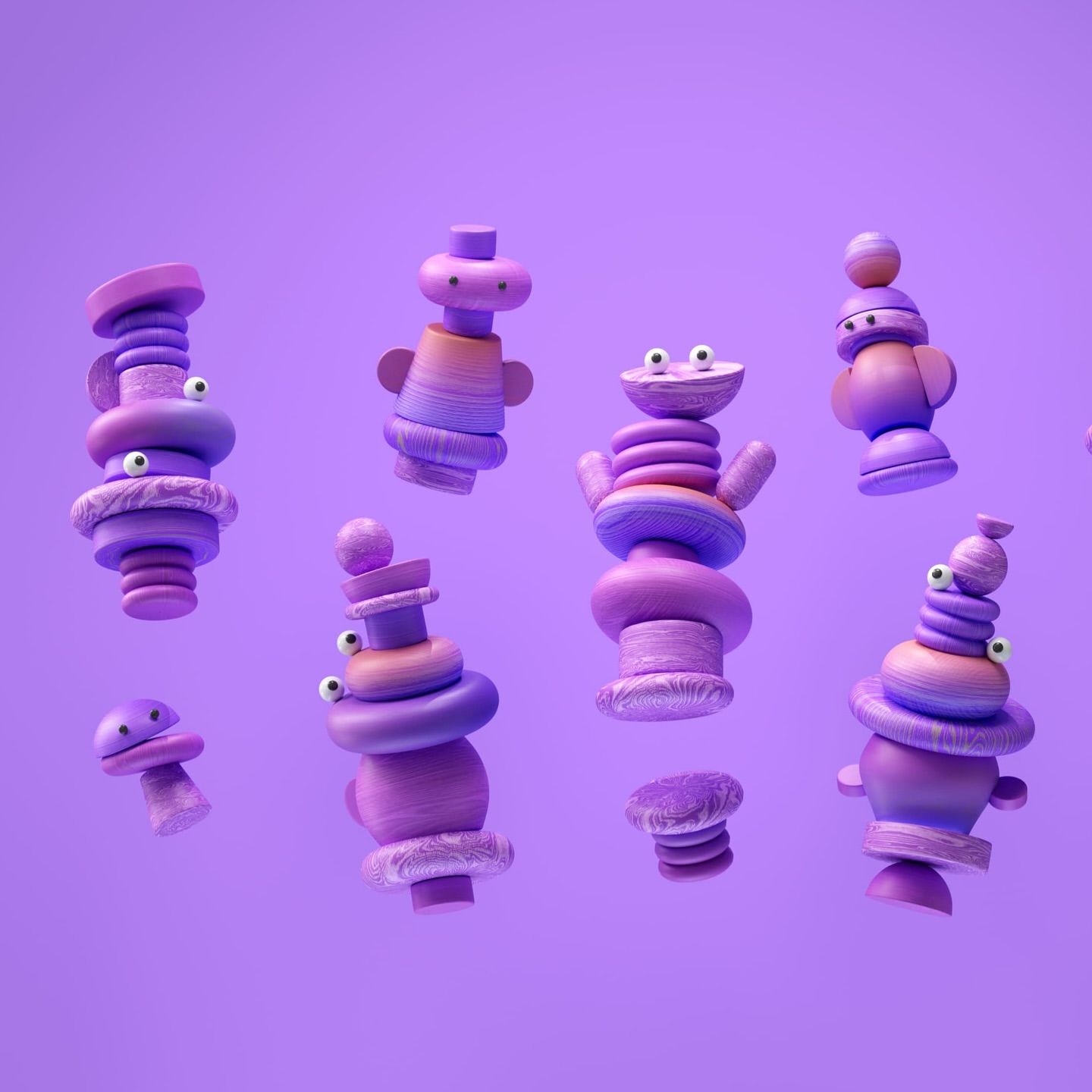 Whimsical 3D art showcases stacked, toy-like figures with googly eyes on a solid purple backdrop, creating a playful and unique design.