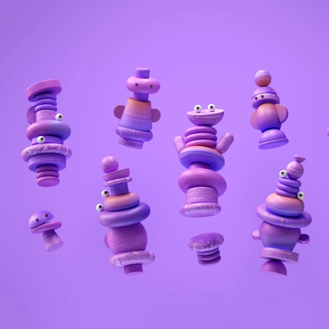 Whimsical 3D art showcases stacked, toy-like figures with googly eyes on a solid purple backdrop, creating a playful and unique design.