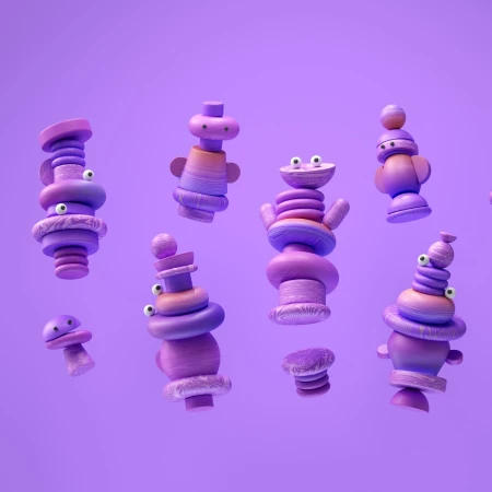 Whimsical 3D art showcases stacked, toy-like figures with googly eyes on a solid purple backdrop, creating a playful and unique design.