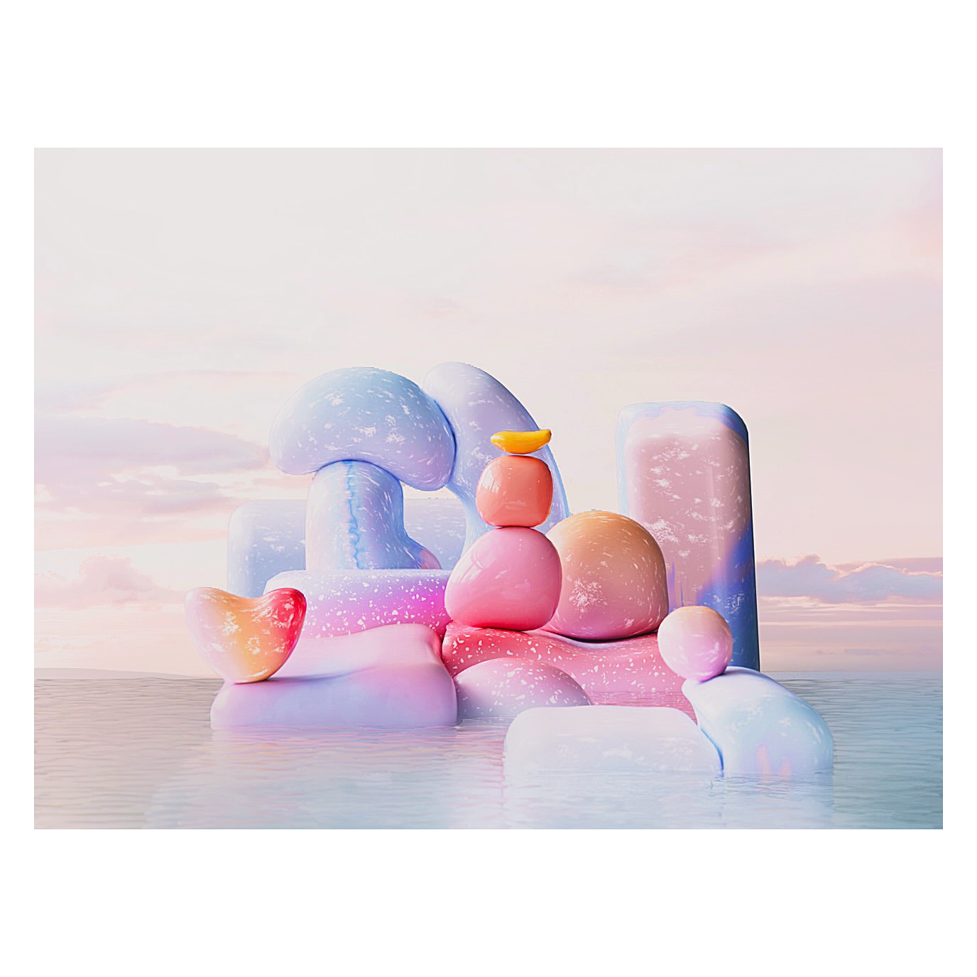 Surreal rendering of abstract rock formations in shallow water with a pastel color palette under a dreamy sky. 3D art.
