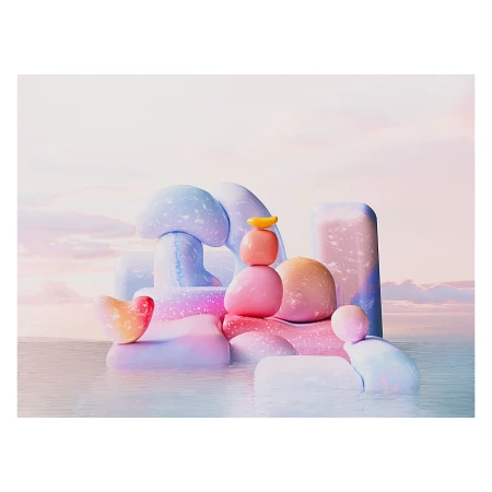 Surreal rendering of abstract rock formations in shallow water with a pastel color palette under a dreamy sky. 3D art.