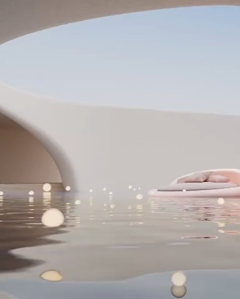 A pink, round outdoor bed sits on water, reflecting glowing orbs under an architectural overhang against a soft blue sky.