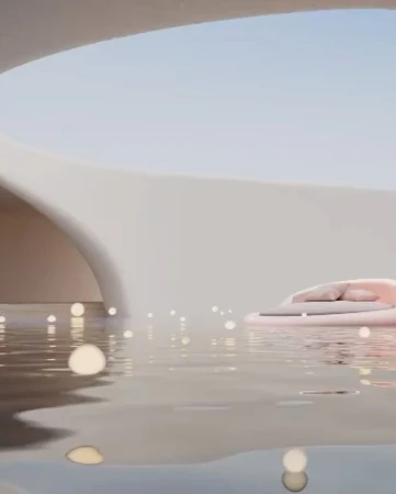 A pink, round outdoor bed sits on water, reflecting glowing orbs under an architectural overhang against a soft blue sky.