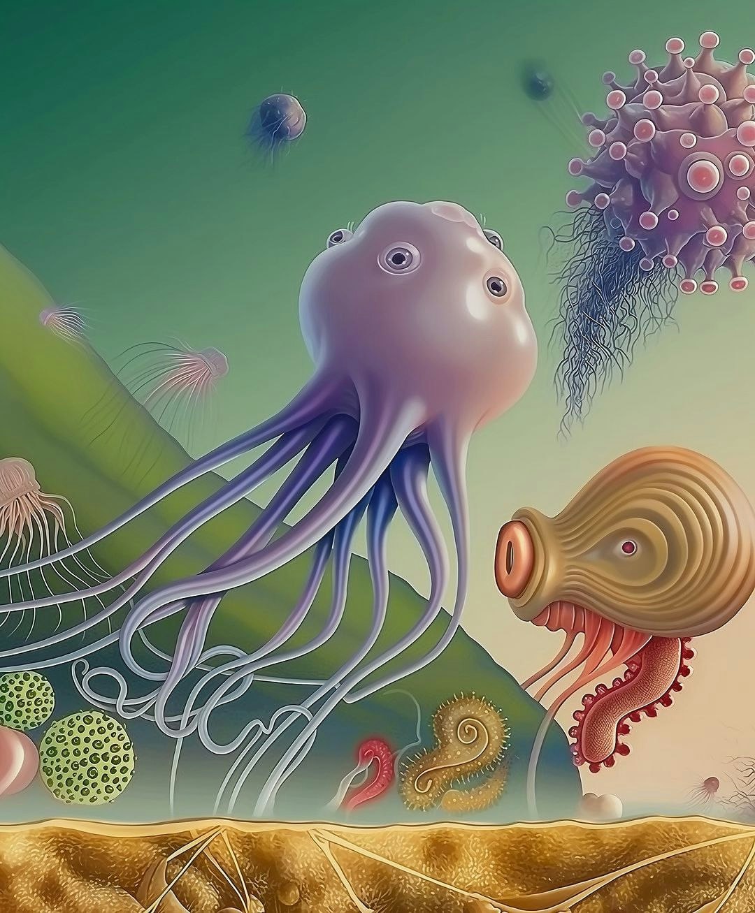 Surreal digital artwork showcasing colorful microbiological organisms on a textured surface against an ombre green background.
