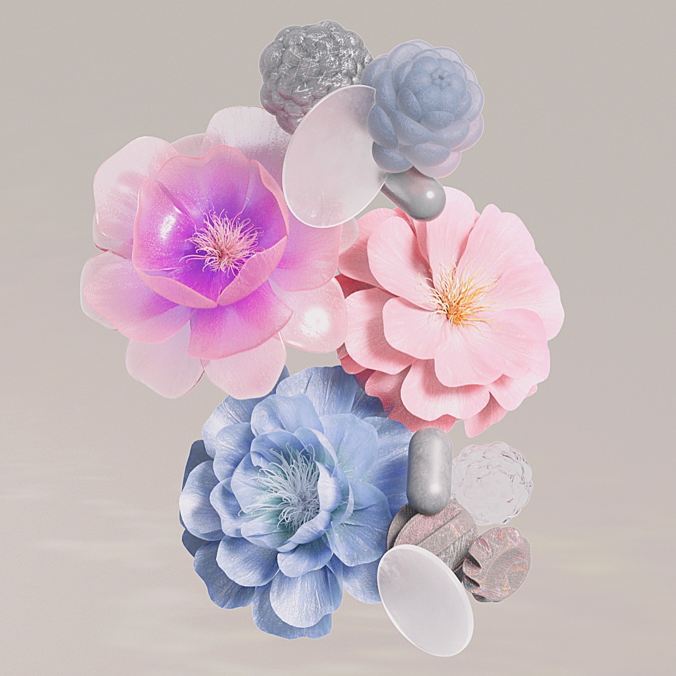 Floral arrangement featuring pink and blue flowers, along with decorative stones and silver metallic spheres, on a gradient background.