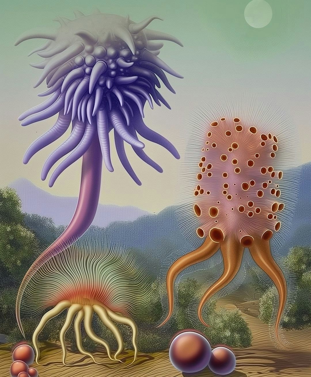 Surreal digital art landscape with bizarre, otherworldly plant-like organisms, soft gradients, and a pastel color palette under a full moon.