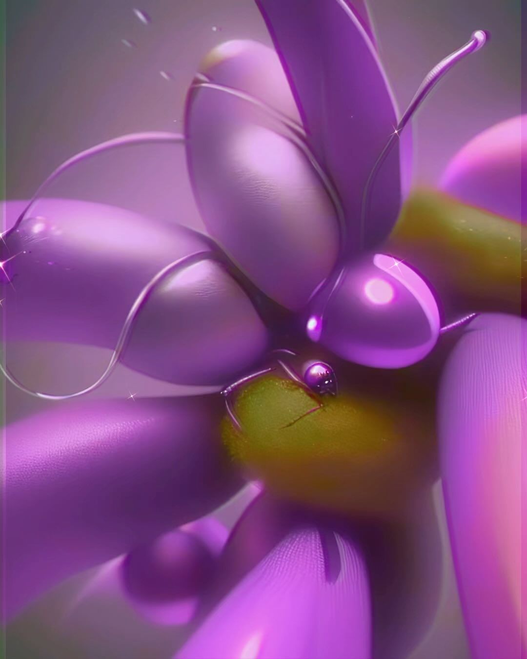 Abstract floral rendering with purple petals and green accents, showcasing smooth textures and a visually intriguing form.