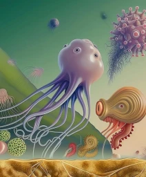 Surreal digital illustration featuring fantastical organic creatures and floating microorganisms in a strange undersea landscape.